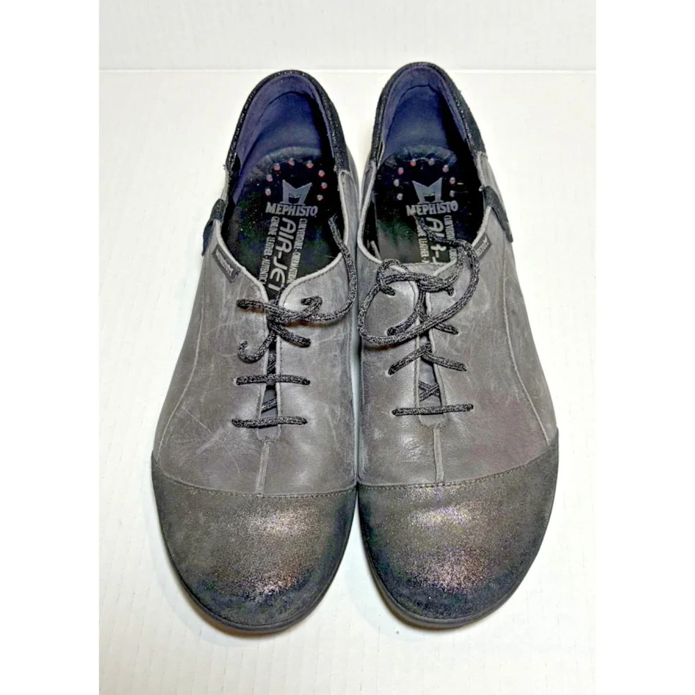 Mephisto Leather lace up shoe, gray, darker textured toe cap, Size 10